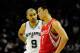 SAN ANTONIO, TX - DECEMBER 28: Jeremy Lin #7 of the Houston Rockets and Tony Parker #9 of the San Antonio Spurs have a brief conversation during a game at AT&T Center on December 28, 2012 in San Antonio, Texas. San Antonio won the game 122-116. NOTE TO USER: User expressly acknowledges and agrees that, by downloading and or using this photogrpah, User is consenting to the terms and conditions of the Getty Images License Agreement. (Photo by Stacy Revere/Getty Images)