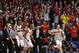 Mar 24, 2013; Dayton, OH, USA; Ohio State Buckeyes bench players celebrate after guard Aaron Craft (not pictured) makes the winning shot against the Iowa State Cyclones in the second half during the third round of the 2013 NCAA tournament at University of Dayton Arena. Ohio State defeated Iowa State 78-75. Mandatory Credit: Frank Victores-USA TODAY Sports