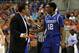 February 12, 2013; Gainesville, FL, USA; Kentucky Wildcats head coach John Calipari and guard Ryan Harrow (12) talk against the Florida Gators during the first half at the Stephen C. O'Connell Center. Mandatory USA TODAY Sports