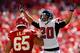 KANSAS CITY, MO - SEPTEMBER 09: Cornerback Brent Grimes #20 of the Atlanta Falcons taunts guard Ryan Lilja #65 of the Kansas City Chiefs after the Falcons intercepted the ball during the game at Arrowhead Stadium on September 9, 2012 in Kansas City, Missouri. (Photo by Jamie Squire/Getty Images)