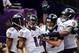 NEW ORLEANS, LA - FEBRUARY 03: (L-R) Torrey Smith #82, Jacoby Jones #12 and Joe Flacco #5 of the Baltimore Ravens celebrate after Jones scored on a 56-yard touchdown pass by Flacco in the second quarter against the San Francisco 49ers during Super Bowl XLVII at the Mercedes-Benz Superdome on February 3, 2013 in New Orleans, Louisiana. (Photo by Harry How/Getty Images)