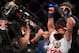 Mar 16, 2013; Montreal, Quebec, CAN; Johny Hendricks (blue) celebrates after defeating Carlos Condit (not pictured) at UFC 158 at the Bell Centre. Mandatory Credit: Eric Bolte-USA TODAY Sports
