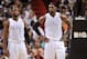 Mar 1, 2013; Miami, FL, USA; Miami Heat shooting guard Dwyane Wade (left) and small forward LeBron James (right) during the second half against the Memphis Grizzlies at the American Airline Arena. Mandatory Credit: Steve Mitchell-USA TODAY Sports