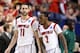 LEXINGTON, KY - MARCH 23: Luke Hancock #11 and Russ Smith #2 of the Louisville Cardinals celebrate after a play against the Colorado State Rams in the first half during the third round of the 2013 NCAA Men's Basketball Tournament at Rupp Arena on March 23, 2013 in Lexington, Kentucky. (Photo by Andy Lyons/Getty Images)