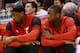 Feb 1 2013; Indianapolis, IN, USA; Miami Heat forward LeBron James (6) sits next to guard Dwayne Wade (3) on the bench during a game against the Indiana Pacers at Bankers Life Fieldhouse. Indiana defeats Miami 102-89. Mandatory Credit: Brian Spurlock-USA TODAY Sports