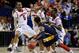 Mar 21, 2013; Lexington , KY, USA; Louisville Cardinals guard Kevin Ware (5) and guard Russ Smith (2) trap North Carolina A&T Aggies guard Jeremy Underwood (3) in the first half during the second round of the 2013 NCAA tournament at Rupp Arena. Louisville defeated North Carolina A&T 79-48. Mandatory Credit: Jamie Rhodes-USA TODAY Sports