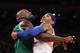 NEW YORK, NY - JANUARY 07: Carmelo Anthony #7 of the New York Knicks and Kevin Garnett #5 of the Boston Celtics get into an altercation at Madison Square Garden on January 7, 2013 in New York City. NOTE TO USER: User expressly acknowledges and agrees that, by downloading and/or using this photograph, user is consenting to the terms and conditions of the Getty Images License Agreement. The Celtics defeated the Knicks 102-96. (Photo by Bruce Bennett/Getty Images)