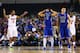 ARLINGTON, TX - MARCH 29: Mike Rosario #3 of the Florida Gators celebrates as Christophe Varidel #5 and Chase Fieler #20 of the Florida Gulf Coast Eagles react to their 50 to 63 loss during South Regional Semifinal round of the 2013 NCAA Men's Basketball Tournament at Dallas Cowboys Stadium on March 29, 2013 in Arlington, Texas. (Photo by Ronald Martinez/Getty Images)