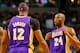 BOSTON, MA - FEBRUARY 7: Dwight Howard #12 of the Los Angeles Lakers talks with teammate Kobe Bryant #24 of the Los Angeles Lakers against the Boston Celtics during the game on February 7, 2013 at TD Garden in Boston, Massachusetts. NOTE TO USER: User expressly acknowledges and agrees that, by downloading and or using this photograph, User is consenting to the terms and conditions of the Getty Images License Agreement. (Photo by Jared Wickerham/Getty Images)