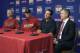 HOUSTON, TX - AUGUST 19: (L-R) Dan Radison, Ty Van Burkleo and Tony DeFranceso are introduced as interim first base coach, interim hitting coach and interim head coach respectively by Jeff Luhnow, right, during a press conference at Minute Maid Park on August 19, 2012 in Houston, Texas. (Photo by Bob Levey/Getty Images)