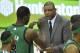 Mar 27, 2013; Cleveland, OH, USA; Boston Celtics head coach Doc Rivers congratulates power forward Jeff Green (8) after his game-winning layup against the Cleveland Cavaliers at Quicken Loans Arena. Mandatory Credit: David Richard-USA TODAY Sports
