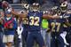 September 30, 2012; St. Louis, MO, USA; St. Louis Rams cornerback Bradley Fletcher (32) celebrates his interception during the second half at the Edward Jones Dome. The Rams defeated the Seahawks 19-13. Mandatory Credit: Photo by Scott Rovak-USA TODAY Sports
