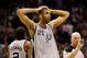 Mar 31, 2013; San Antonio, TX, USA; San Antonio Spurs forward Tim Duncan (21) reacts during the second half against the Miami Heat at the AT&T Center. The heat won 88-86. Mandatory Credit: Soobum Im-USA TODAY Sports