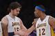 LOS ANGELES, CA - JANUARY 27: Pau Gasol #16 and Dwight Howard #12 of the Los Angeles Lakers celebrate a play during a 106-95 win over the Oklahoma City Thunder at Staples Center on January 27, 2013 in Los Angeles, California. NOTE TO USER: User expressly acknowledges and agrees that, by downloading and or using this photograph, User is consenting to the terms and conditions of the Getty Images License Agreement. (Photo by Harry How/Getty Images)