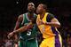LOS ANGELES, CA - FEBRUARY 20: Dwight Howard #12 of the Los Angeles Lakers and Kevin Garnett #5 of the Boston Celtics fight for position in their game at Staples Center on February 20, 2013 in Los Angeles, California. The Lakers won 113-99. NOTE TO USER: User expressly acknowledges and agrees that, by downloading and or using this photograph, User is consenting to the terms and conditions of the Getty Images License Agreement. (Photo by Stephen Dunn/Getty Images)