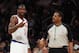 NEW YORK, NY - FEBRUARY 27: Amar'e Stoudemire #1 of the New York Knicks argues a call with referee Bennie Adams #47 during the game against the Golden State Warriors at Madison Square Garden on February 27, 2013 in New York City. NOTE TO USER: User expressly acknowledges and agrees that, by downloading and/or using this photograph, user is consenting to the terms and conditions of the Getty Images License Agreement. The Knicks defeated the Warriors 109-105. (Photo by Bruce Bennett/Getty Images)