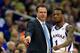 KANSAS CITY, MO - MARCH 16: Naadir Tharpe #1 of the Kansas Jayhawks talks with head coach Bill Self in the second half of the game against the Kansas State Wildcats during the Final of the Big 12 basketball tournament at Sprint Center on March 16, 2013 in Kansas City, Missouri. (Photo by Jamie Squire/Getty Images)