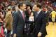 LOUISVILLE, KY - DECEMBER 19: Rick Pitino the head coach of the Louisville Cardinals and Richard Pitino the head coach of the Florida International Panthers meet before the game in the Billy Minardi Classic at KFC YUM! Center on December 19, 2012 in Louisville, Kentucky. (Photo by Andy Lyons/Getty Images)