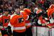 PHILADELPHIA, PA - MARCH 26: Claude Giroux #28 of the Philadelphia Flyers celebrates a third period goal by Jakub Voracek #93 (not shown) against the New York Rangers at the Wells Fargo Center on March 26, 2013 in Philadelphia, Pennsylvania. The Rangers defeated the Flyers 5-2 (Photo by Bruce Bennett/Getty Images)