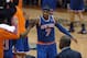 Apr 3, 2013; Atlanta, GA, USA; New York Knicks small forward Carmelo Anthony (7) is congratulated by teammates after winning against the Atlanta Hawks at Philips Arena. The Knicks won 95-82. Mandatory Credit: Mike Muszynski-USA TODAY Sports