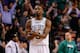BOSTON, MA - APRIL 3: Jeff Green #8 of the Boston Celtics celebrates after making a three-point shot against the Detroit Pistons in the second half during the game on April 3, 2013 at TD Garden in Boston, Massachusetts. NOTE TO USER: User expressly acknowledges and agrees that, by downloading and or using this photograph, User is consenting to the terms and conditions of the Getty Images License Agreement. (Photo by Jared Wickerham/Getty Images)