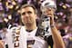 Feb 3, 2013; New Orleans, LA, USA; Baltimore Ravens quarterback Joe Flacco (5) celebrates with the Vince Lombardi Trophy after defeating the San Francisco 49ers 34-31 in Super Bowl XLVII at the Mercedes-Benz Superdome. Mandatory Credit: Matthew Emmons-USA TODAY Sports
