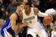 DENVER, CO - OCTOBER 15: Andre Iguodala #9 of the Denver Nuggets controls the ball against Klay Thompson #11 of the Golden State Warriors during preseason action at the Pepsi Center on October 15, 2012 in Denver, Colorado. The Nuggets defeated the Warriors 104-98. NOTE TO USER: User expressly acknowledges and agrees that, by downloading and or using this photograph, User is consenting to the terms and conditions of the Getty Images License Agreement. (Photo by Doug Pensinger/Getty Images)