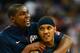 LONDON, ENGLAND - AUGUST 10: Carmelo Anthony #15 of United States reacts in the second half after making a three-pointer with teammate Kevin Durant #5 while taking on Argentina during the Men's Basketball semifinal match on Day 14 of the London 2012 Olympic Games at the North Greenwich Arena on August 10, 2012 in London, England. (Photo by Lars Baron/Getty Images)
