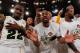 NEW YORK, NY - APRIL 04: (L-R) A.J. Walton #22, Rico Gathers #2 and Pierre Jackson #55 of the Baylor Bears celebrates after defeating the Iowa Hawkeyes during the 2013 NIT Championship at Madison Square Garden on April 4, 2013 in New York City. Baylor defeated Iowa 74-54. (Photo by Mike Stobe/Getty Images)