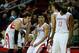 HOUSTON, TX - MARCH 15: Omer Asik #3, Jeremy Lin #7, Chandler Parsons #25 and James Harden #13 of the Houston Rockets wait near the bench during the game against the Minnesota Timberwolves at Toyota Center on March 15, 2013 in Houston, Texas. NOTE TO USER: User expressly acknowledges and agrees that, by downloading and or using this photograph, User is consenting to the terms and conditions of the Getty Images License Agreement. (Photo by Scott Halleran/Getty Images)