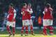 WEST BROMWICH, ENGLAND - APRIL 06: Mikel Atreta (L),Thomas Vermaelen (2L),Laurent Koscielny (C),Kieran Gibbs (2R) and Bacary Sagna (R) of Arsenal celebrate their 2-1 victory during the Barclays Premier League match between West Bromwich Albion and Arsenal at The Hawthorns on April 6, 2013 in West Bromwich, England. (Photo by Michael Steele/Getty Images)