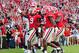 ATHENS, GA - NOVEMBER 3: Alec Ogletree #9 of the Georgia Bulldogs is congratulated by teammates after making a tackle for a safety against the Ole Miss Rebels at Sanford Stadium on November 3, 2012 in Athens, Georgia. (Photo by Scott Cunningham/Getty Images)