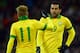 LONDON, ENGLAND - FEBRUARY 06: Fred of Brazil (R) celebrates with team-mate Neymar of Brazil after scoring the equalising goal during the International friendly between England and Brazil at Wembley Stadium on February 6, 2013 in London, England. (Photo by Shaun Botterill/Getty Images)