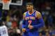 Apr 7, 2013; Oklahoma City, OK, USA; New York Knicks forward Carmelo Anthony (7) reacts in the first half against the Oklahoma City Thunder at Chesapeake Energy Arena. Mandatory Credit: Mark D. Smith-USA TODAY Sports