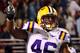 OXFORD, MS - NOVEMBER 19: Kevin Minter #46 of the LSU Tigers celebrates his fumble recovery for a touchdown against the Ole Miss Rebels on November 19, 2011 at Vaught-Hemingway Stadium in Oxford, Mississippi. (Photo by Joe Murphy/Getty Images)