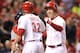CINCINNATI, OH - APRIL 5: Jay Bruce #32 of the Cincinnati Reds and Todd Frazier #21 of the Cincinnati Reds celebrate Frazier's two-run home run in the seventh inning against the Washington Nationals at Great American Ball Park on April 5, 2013 in Cincinnati, Ohio. Frazier had two of the Reds' six home runs in a 15-0 win over the Nationals. (Photo by Jamie Sabau/Getty Images)