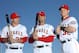 Feb. 21, 2113; Tempe, AZ, USA: Los Angeles Angels outfielder Mike Trout (left), first baseman Albert Pujols (center) and outfielder Josh Hamilton pose for a portrait during photo day at Tempe Diablo Stadium. Mandatory Credit: Mark J. Rebilas-USA TODAY Sports
