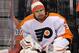 WINNIPEG, CANADA - APRIL 6: Goaltender Ilya Bryzgalov #30 of the Philadelphia Flyers looks on from the bench during third period in a game between the Winnipeg Jets and the Philadelphia Flyers on April 6, 2013 at the MTS Centre in Winnipeg, Manitoba, Canada. (Photo by Marianne Helm/Getty Images)