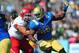 October 13, 2012; Pasadena, CA, USA; UCLA Bruins defensive end Datone Jones (56) defends against Utah Utes offensive linesman Tevita Stevens (54) during the second half at the Rose Bowl. Mandatory Credit: Gary A. Vasquez-USA TODAY Sports