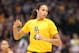 Mar 11, 2013; Dallas, TX, USA; Baylor Bears center Brittney Griner (42) reacts during the Big 12 Championship game against Iowa State Cyclones at American Airlines Center. Baylor won 75-47. Mandatory Credit: Jim Cowsert-USA TODAY Sports