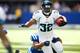 INDIANAPOLIS, IN - SEPTEMBER 23: Maurice Jones-Drew #32 of the Jacksonville Jaguars runs the ball as he's tackled by Jerrell Freeman #50 of the Indianapolis Colts at Lucas Oil Stadium on September 23, 2012 in Indianapolis, Indiana. (Photo by Michael Hickey/Getty Images)