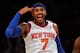 NEW YORK, NY - JANUARY 27: Carmelo Anthony #7 of the New York Knicks celebrates his three point shot in the fourth quarter against the Atlanta Hawks on January 27, 2013 at Madison Square Garden in New York City. The New York Knicks defeated the Atlanta Hawks 106-104. NOTE TO USER: User expressly acknowledges and agrees that, by downloading and/or using this photograph, user is consenting to the terms and conditions of the Getty Images License Agreement. (Photo by Elsa/Getty Images)