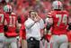 COLUMBUS, OH - NOVEMBER 24: Head Coach Urban Meyer of the Ohio State Buckeyes gives his team instructions during a game against the Michigan Wolverines at Ohio Stadium on November 24, 2012 in Columbus, Ohio. (Photo by Jamie Sabau/Getty Images)