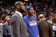 Apr 2, 2013; Miami, FL, USA; Miami Heat small forward LeBron James (left) talks with New York Knicks small forward Carmelo Anthony (right) before the start of the third quarter at American Airlines Arena. New York won 102-90. Mandatory Credit: Steve Mitchell-USA TODAY Sports