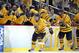 PITTSBURGH, PA - APRIL 11: Kellen Jones #15 of the Quinnipiac Bobcats celebrates his second period goal against the St. Cloud State Huskies during the game at Consol Energy Center on April 11, 2013 in Pittsburgh, Pennsylvania. (Photo by Justin K. Aller/Getty Images)