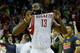 HOUSTON, TX - APRIL 09: James Harden #13 of the Houston Rockets celebrates a shot at the buzzer to defeat the Phoenix Suns 101-98 at the Toyota Center on April 9, 2013 in Houston, Texas. NOTE TO USER: User expressly acknowledges and agrees that, by downloading and or using this photograph, User is consenting to the terms and conditions of the Getty Images License Agreement. (Photo by Scott Halleran/Getty Images)