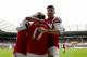 SWANSEA, WALES - MARCH 16: Olivier Giroud of Arsenal (R) celebrates the goal of team mate Nacho Monreal during the Barclays Premier League match between Swansea City and Arsenal at Liberty Stadium on March 16, 2013 in Swansea, Wales. (Photo by Jan Kruger/Getty Images)