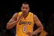 LOS ANGELES, CA - FEBRUARY 14: Andrew Goudelock #0 of the Los Angeles Lakers celebrates after making a three point basket against the Atlanta Hawks at Staples Center on February 14, 2012 in Los Angeles, California. The Lakers won 86-78. NOTE TO USER: User expressly acknowledges and agrees that, by downloading and or using this photograph, User is consenting to the terms and conditions of the Getty Images License Agreement. (Photo by Stephen Dunn/Getty Images)