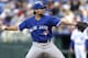 KANSAS CITY, MO - APRIL 13: R.A. Dickey #43 of the Toronto Blue Jays pitches against the Kansas City Royals in the first inning at Kauffman Stadium April 13, 2013 in Kansas City, Missouri. (Photo by Ed Zurga/Getty Images)