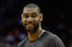 HOUSTON, TX - MARCH 24: Tim Duncan #21 of the San Antonio Spurs is seen on the court during warmups before the game against the Houston Rockets at Toyota Center on March 24, 2013 in Houston, Texas. NOTE TO USER: User expressly acknowledges and agrees that, by downloading and or using this photograph, User is consenting to the terms and conditions of the Getty Images License Agreement. (Photo by Scott Halleran/Getty Images)